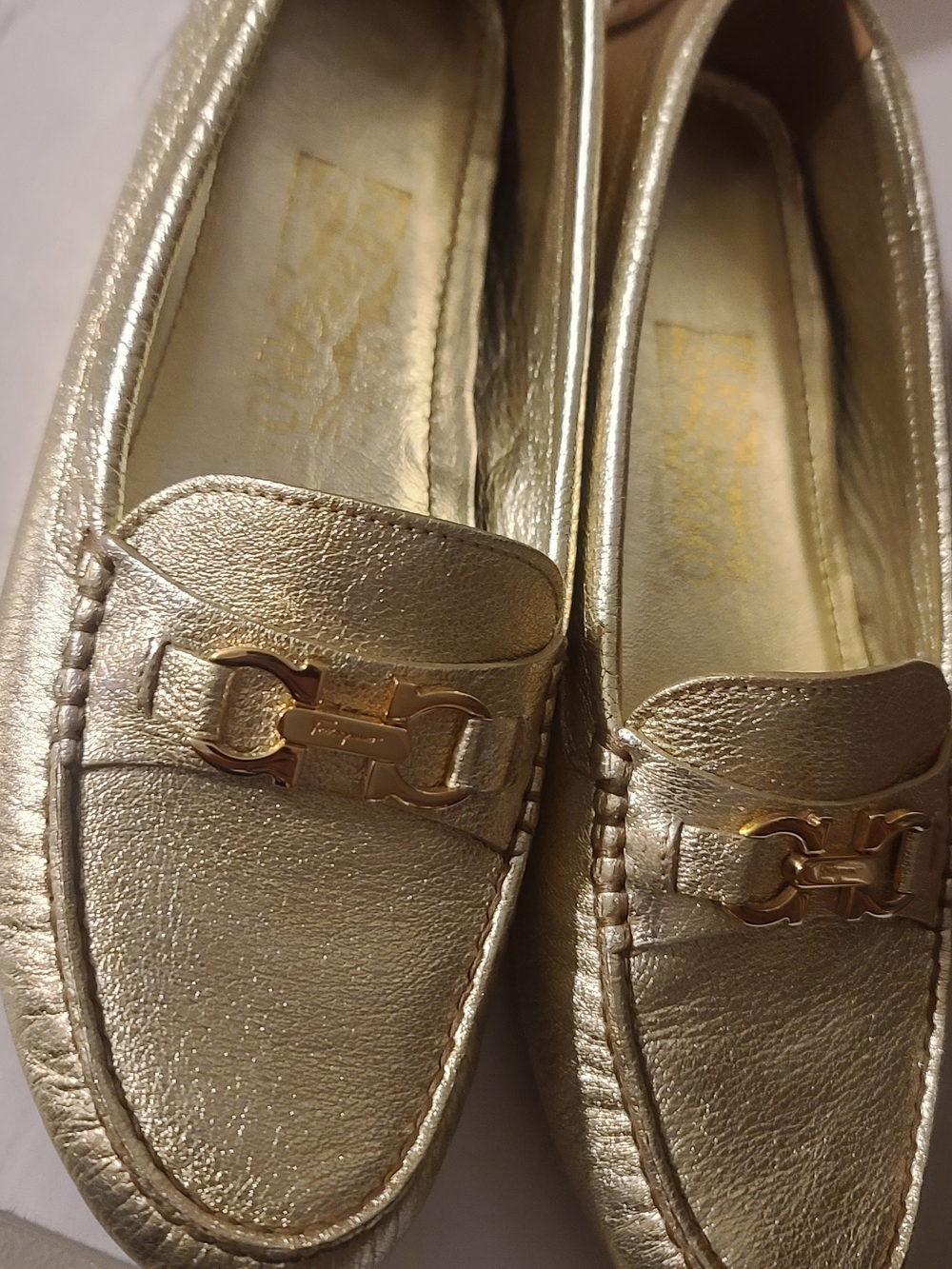 Salvatore Ferragamo Metallic Gold Leather Loafers with Signature Hardware